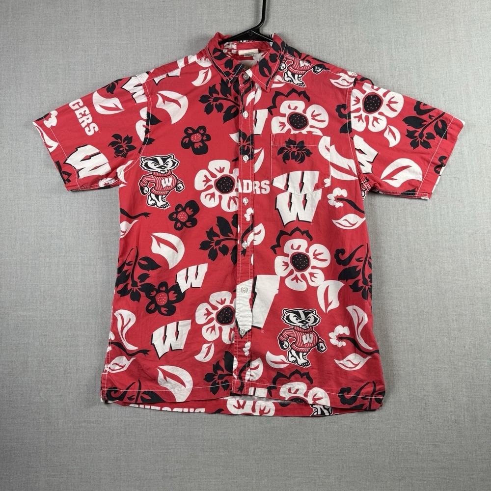 Wes & Willy Shirt Mens Small Red Wisconsin Badgers Hawiian Floral Button Down